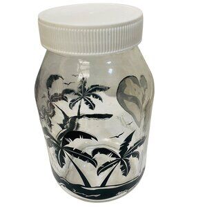 Vintage California Glass Jar With White Screw Lid & Palm Tree Design 7"